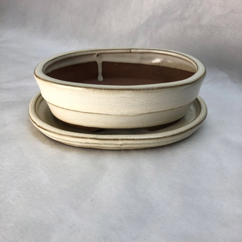 Bonsai-sk�l, str. 1, glaseret, oval, creme