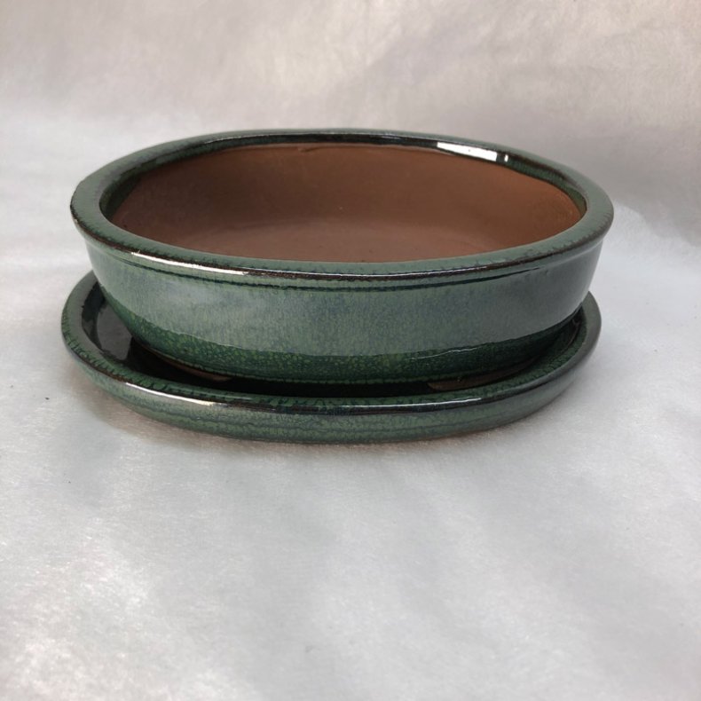 Bonsai-sk�l, str. 1, glaseret, oval, m�rkegr�n