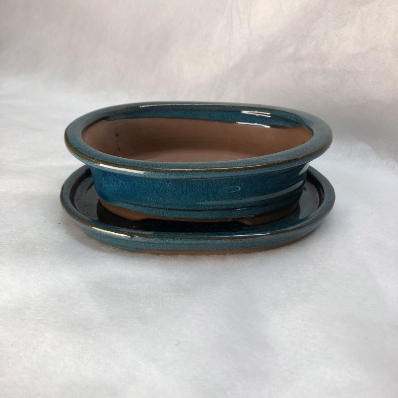 Bonsai-sk�l, str. 1, glaseret, oval med kant, bl�