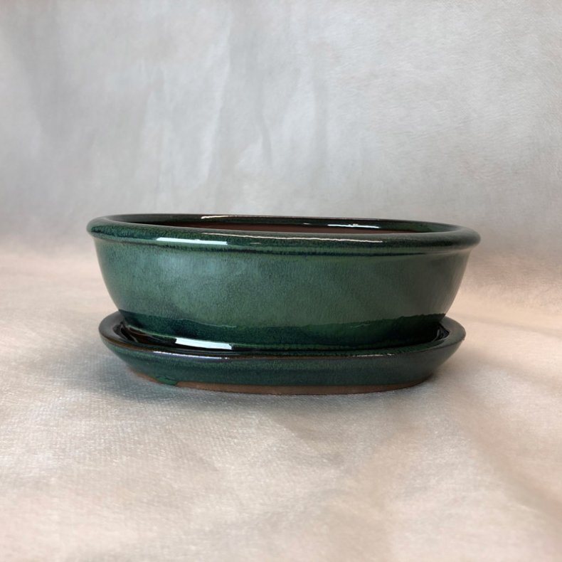 Bonsai-sk�l, str. 2, glaseret, oval, gr�n