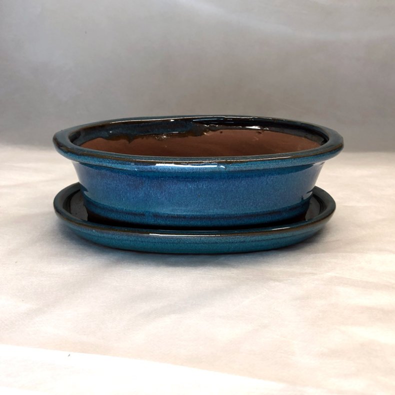 Bonsai-sk�l, str. 3, glaseret, oval med kant, bl�