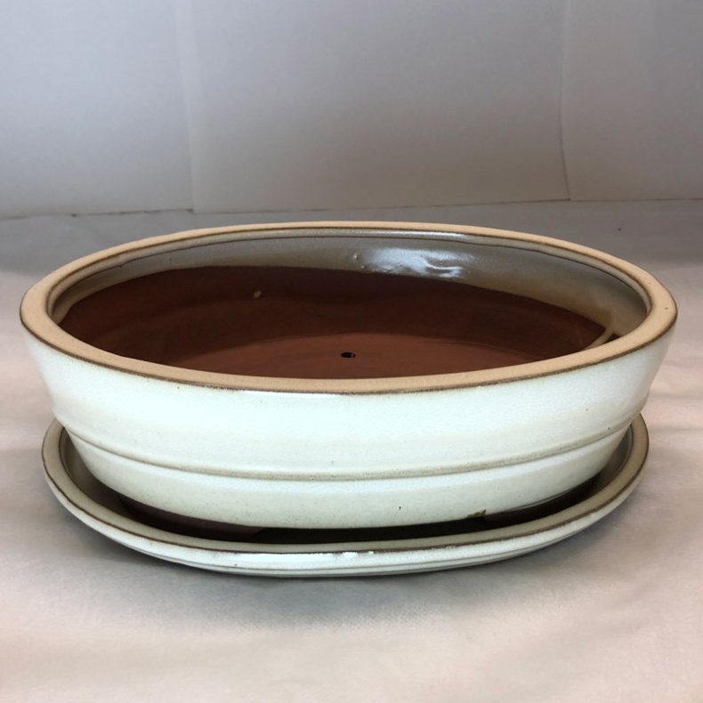 Bonsai-sk�l, str. 4, glaseret, oval, creme