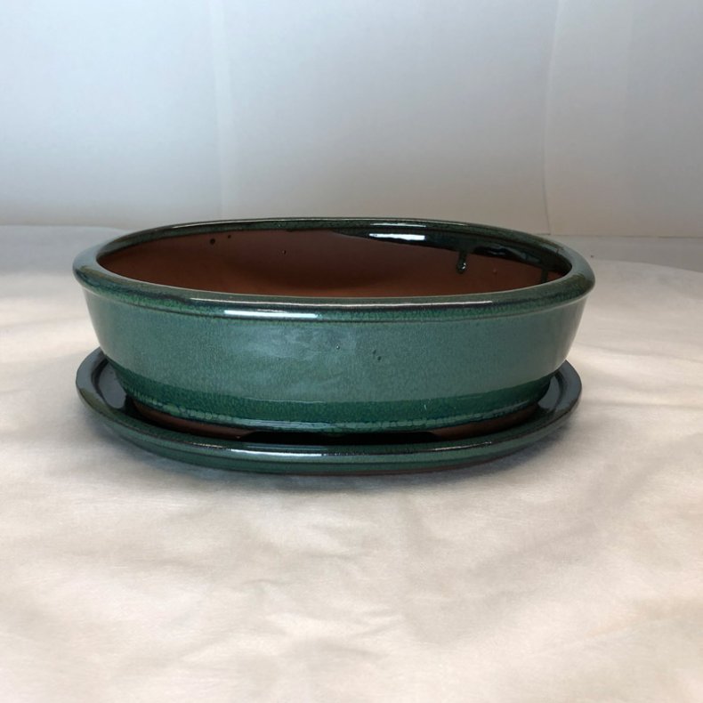 Bonsai-sk�l, str. 4, glaseret, oval, m�rkegr�n