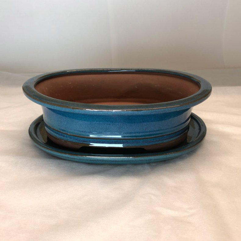 Bonsai-sk�l, str. 4, glaseret, oval med kant, bl�