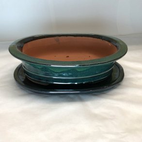 Bonsai-sk�l, str. 5, glaseret, oval med kant, m�rkegr�n