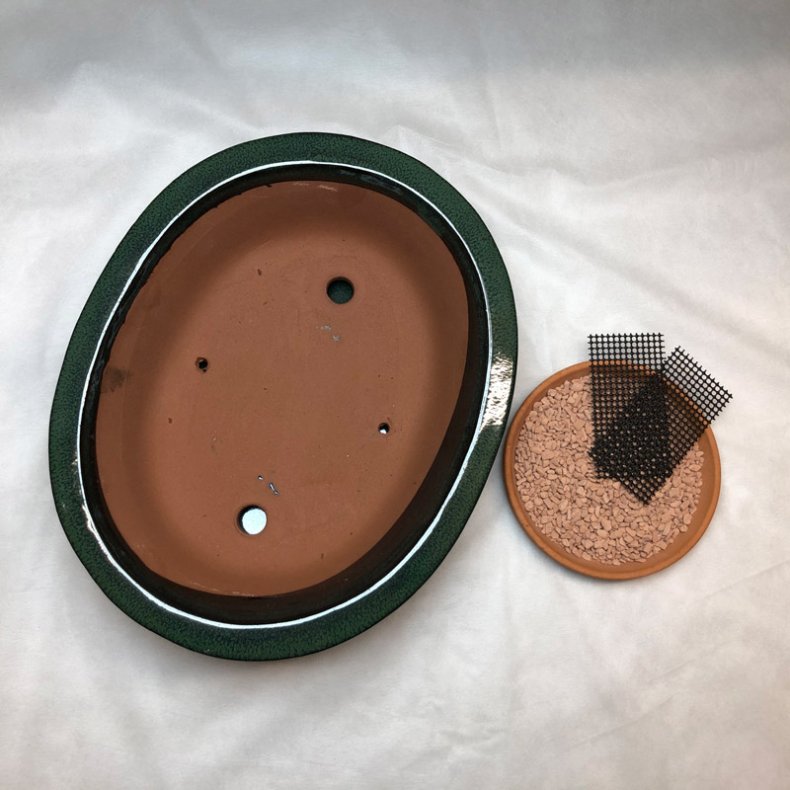 Bonsai-skl, str. 5, glaseret, oval med kant, mrkegrn