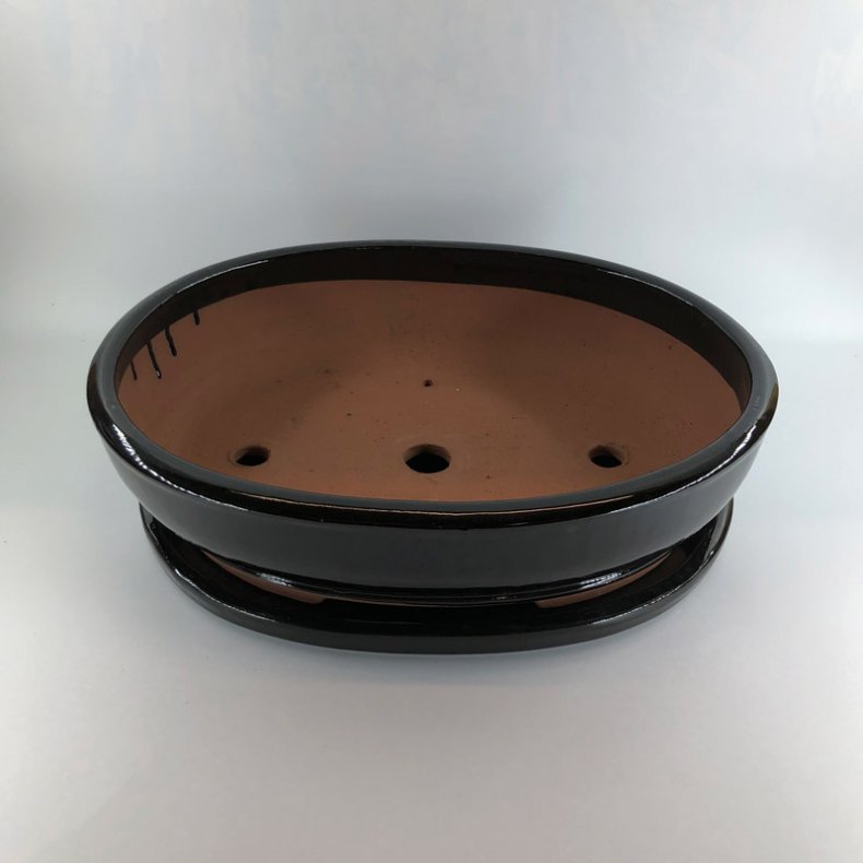 Bonsai-sk�l, str. 6, glaseret, oval, sort