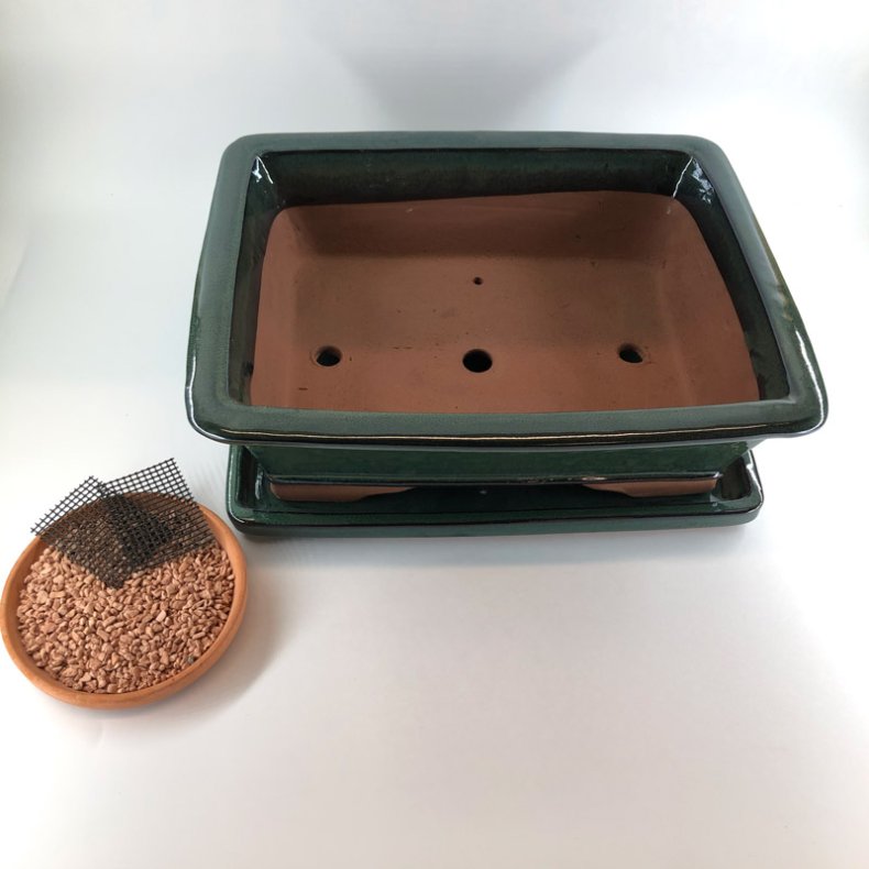 Bonsai-sk�l, str. 6, glaseret, rektangul�r, gr�n