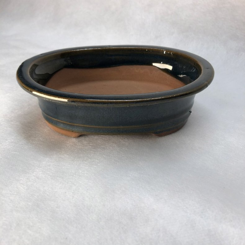 Bonsai-sk�l, str. 1, glaseret, oval med kant, m�rkebl�