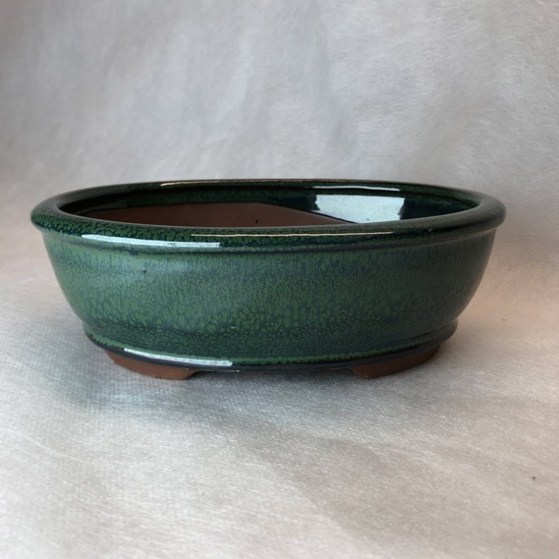 Bonsai-sk�l, str. 2, glaseret, oval, m�rkegr�n