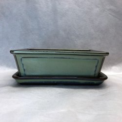 Bonsai-sk�le, JAP-3S�T, glaseret, rektangul�r med kant, flaksegr�n