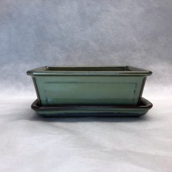 Bonsai-sk�le, JAP-3S�T, glaseret, rektangul�r med kant, flaksegr�n