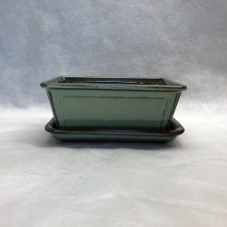 Bonsai-sk�le, JAP-3S�T, glaseret, rektangul�r med kant, flaksegr�n