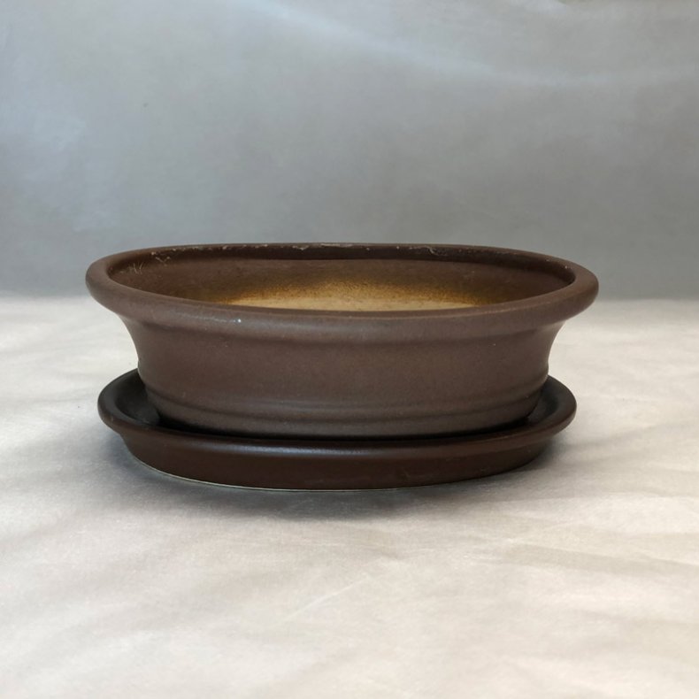 BRUGT: Bonsai-sk�l, str. 1, glaseret, oval, matbrun