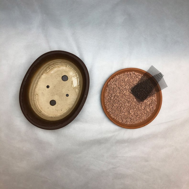 BRUGT: Bonsai-skl, str. 1, glaseret, oval, matbrun