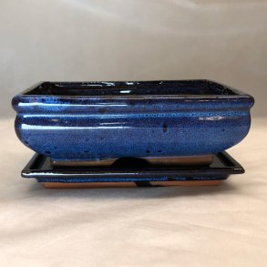 BRUGT: Bonsai-sk�l, glaseret, rektangul�r, bl�/sort