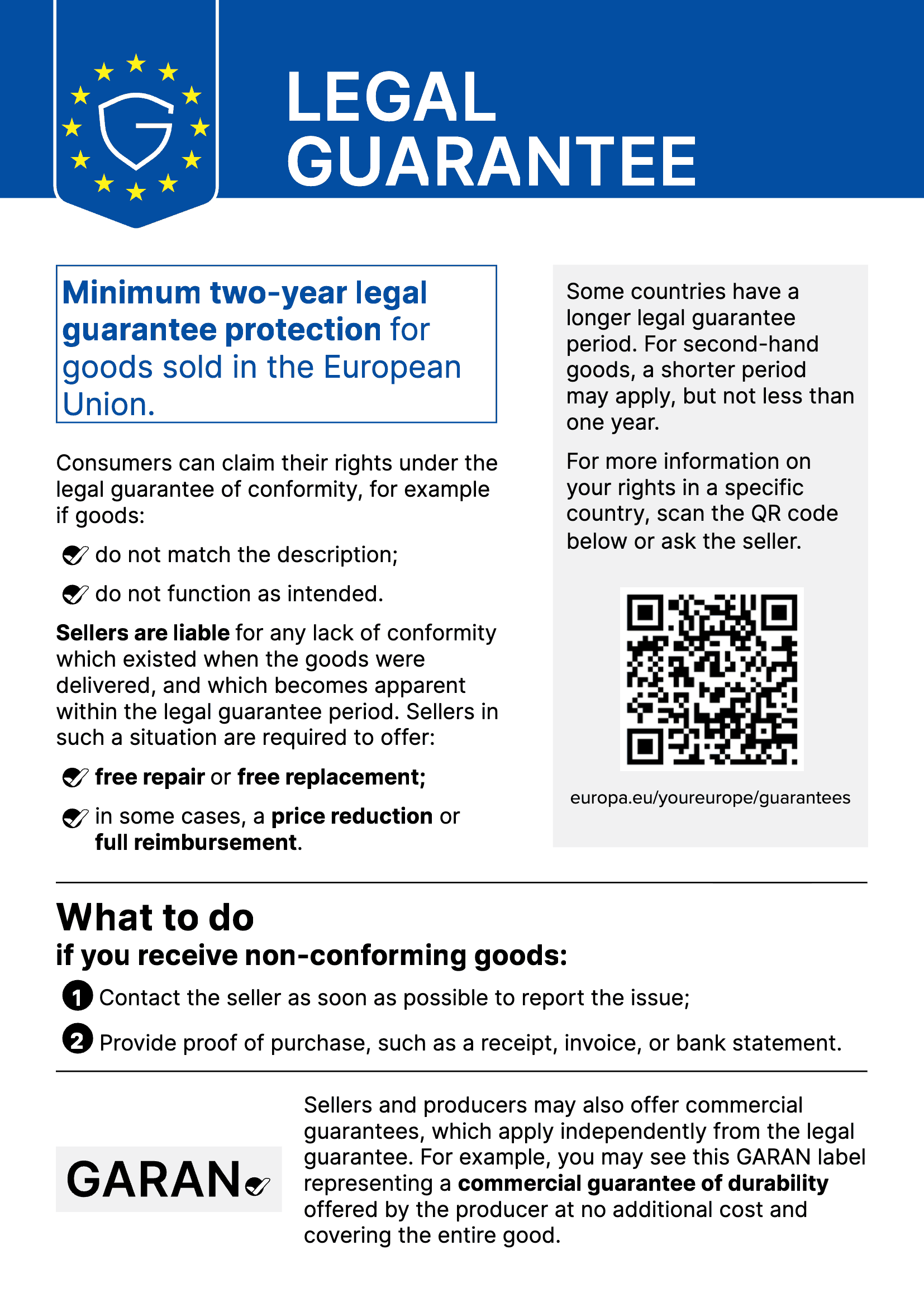 EU notice on the legal guarantee: at least two years of legal guarantee for goods sold in the EU